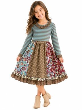Mustard Pie Teal Striped & Burgundy Floral Patchwork Dress